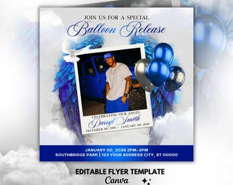 Memorial Ballon Version Print Poster| Trauerkarte | Erinnerungsflieger | RIP-Vorlage | Erinnerungsstück | Bearbeitbar mit Canva, Angel Wings