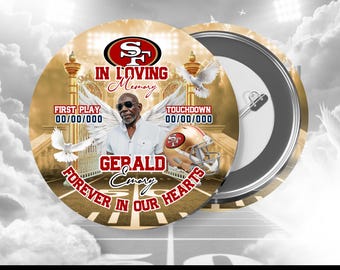 Gedenk-Pin-Knopf, San Francisco Football Knopf Gold Himmel Knopf, Ruhe in Frieden Knopf, Beerdigung Knopf, Bearbeiten Sie diesen Knopf mit Canva