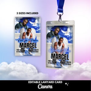 Puede incluir: Diseño de tarjeta de cordón conmemorativa con el texto "Rest In Peace MARCEL". El diseño incluye imágenes de dos hombres, alas de ángel y una paloma sobre un fondo de cielo azul. La tarjeta también incluye las fechas "07/01/2004" y "07/01/2025".