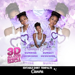 May include: A purple and white all-over print t-shirt featuring a memorial design. The shirt includes the text "Rest in Heaven" and "Candace Smith," along with dates and floral elements. The design incorporates a 3D effect and angel wings.