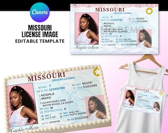 Editable Missouri License Template for Cakes | Birthday Shirt Design | Canva Template, 3 Sheet Cake Sizes, Business Card