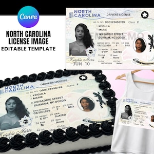 Puede incluir: Imagen que presenta un diseño de licencia de conducir de Carolina del Norte, un pastel decorado para parecerse a la licencia y una camiseta sin mangas blanca con la licencia impresa. La licencia incluye una foto, nombre y otros detalles.