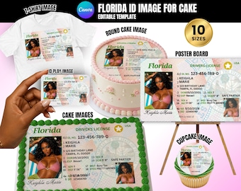 Editable Florida License Template for Cakes | Birthday Shirt Design | Birthday Design | Canva Template, 6 Sheet Cake Sizes, Business Card