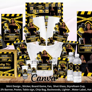 Puede incluir: Un conjunto de artículos para fiestas en negro y amarillo, que incluye un gorro de fiesta, una pancarta, vasos de chupito y un letrero enmarcado. Los artículos presentan el texto "CAUTION CAPRICORN SHIT" y la imagen de una mujer.