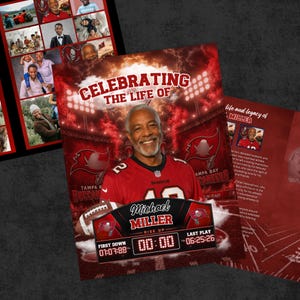 Peut inclure: Un programme funéraire sur le thème des Tampa Bay Buccaneers en rouge et noir. La couverture présente un portrait de Michael Miller en maillot de football, avec le texte CELEBRATING THE LIFE OF, RISE UP, FIRST DOWN 07:07:88 et LAST PLAY 06:25:26.