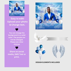 Puede incluir: Un folleto conmemorativo azul y blanco con una foto de un hombre. El folleto incluye el texto "JOIN US FOR A Balloon Release", "CELEBRATING THE LIFE OF MICHAEL Crawford", "Sunrise DECEMBER 00 1995", "Sunset DECEMBER 00 2004", "DATE SUNDAY, DECEMBER 00, 2025", y "LOCATION 1234 State park, City ST 12345".