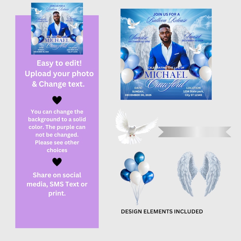 Puede incluir: Un folleto conmemorativo azul y blanco con una foto de un hombre. El folleto incluye el texto "JOIN US FOR A Balloon Release", "CELEBRATING THE LIFE OF MICHAEL Crawford", "Sunrise DECEMBER 00 1995", "Sunset DECEMBER 00 2004", "DATE SUNDAY, DECEMBER 00, 2025", y "LOCATION 1234 State park, City ST 12345".