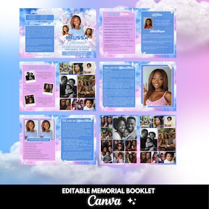Minneshäfte, redigerbar dödsannons, begravningsbok, redigera detta med Canva, rosa blå bild 1