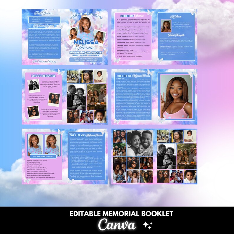 Minneshäfte, redigerbar dödsannons, begravningsbok, redigera detta med Canva, rosa blå bild 1