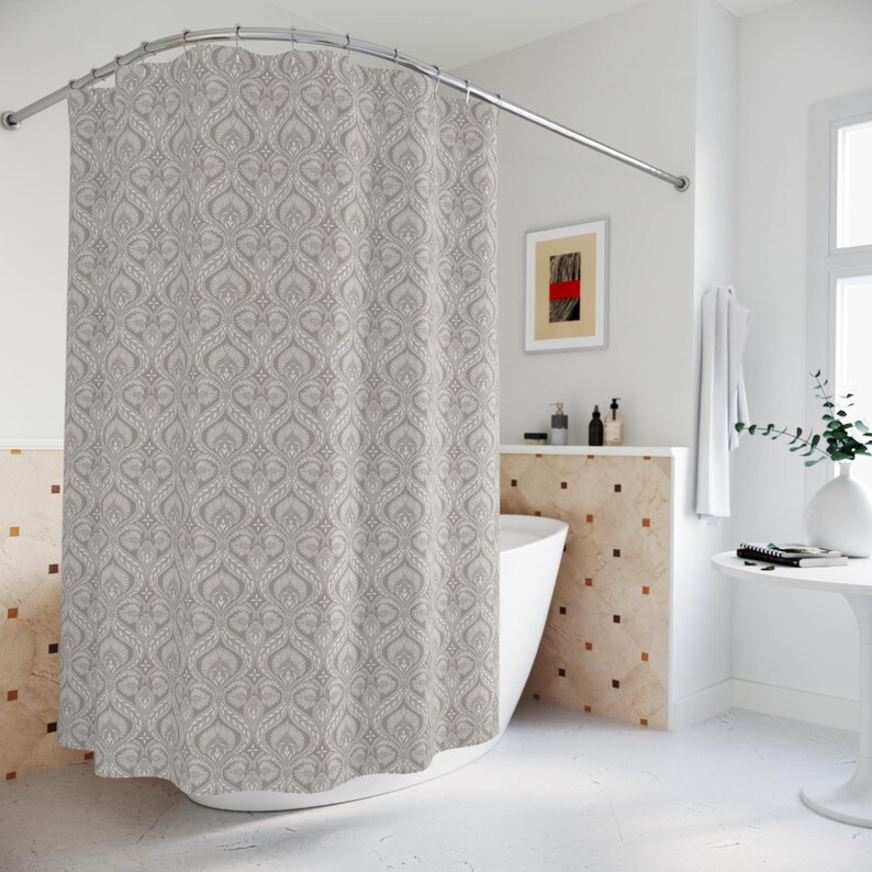 Neutral Taupe Damask Shower Curtain and Matching Bath Rug Set Linen Look Machine Washable Non Slip Minimalist Bathroom Decor Cozy Spa Serene image 2