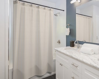 Beige Stripe Shower Curtain: Coastal Cabana Style, Water Resistant