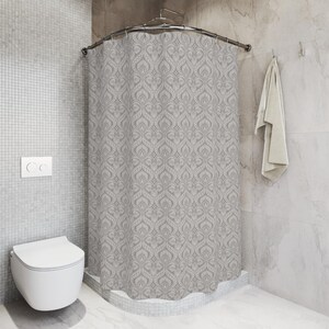 Neutral Taupe Damask Shower Curtain and Matching Bath Rug Set Linen Look Machine Washable Non Slip Minimalist Bathroom Decor Cozy Spa Serene image 4