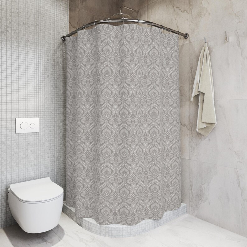 Neutral Taupe Damask Shower Curtain and Matching Bath Rug Set Linen Look Machine Washable Non Slip Minimalist Bathroom Decor Cozy Spa Serene image 4