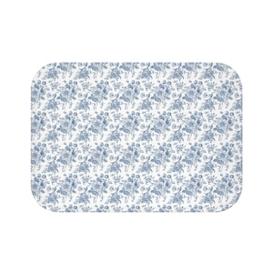 Blue Floral Bath Mat French Country Toile Cottage Bathroom Rug Soft Non Slip Absorbent Machine Wash Spa Vintage Farmhouse Decor Coastal Blue