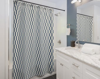 Navy Geometrischer Duschvorhang und Badteppich, Küstenminimalist