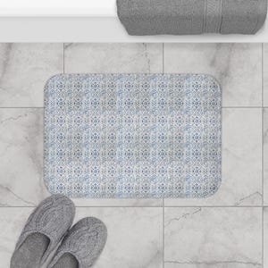 Blue Boho Tile Bath Mat Mediterranean Bathroom Rug Modern Farmhouse Floor Mat Vintage Pattern Non-Slip Washable Bathroom Rug cute rugs mats