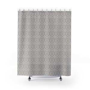 Neutral Taupe Damask Shower Curtain and Matching Bath Rug Set Linen Look Machine Washable Non Slip Minimalist Bathroom Decor Cozy Spa Serene image 5