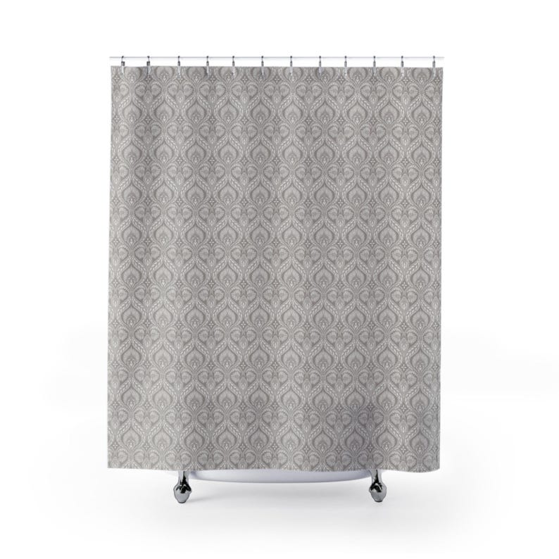 Neutral Taupe Damask Shower Curtain and Matching Bath Rug Set Linen Look Machine Washable Non Slip Minimalist Bathroom Decor Cozy Spa Serene image 5