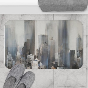 Urban Cityscape Bath Mat Modern Bathroom Rug Loft Style Floor Mat Skyline Art Non-Slip Rug Contemporary Cool Bath Decor cute rugs mats