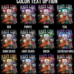 May include: A digital illustration of a baby girl with lightning bolts and a variety of color options for the text "BABY GIRL".