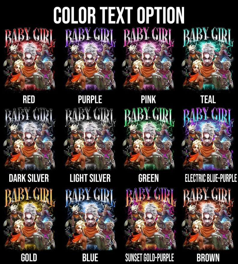 May include: A digital illustration of a baby girl with lightning bolts and a variety of color options for the text "BABY GIRL".