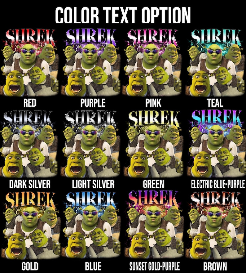 May include: A digital illustration of Shrek, the green ogre, with sunglasses and lightning bolts. The text "SHREK" is displayed in various colors, including red, purple, pink, teal, dark silver, light silver, green, electric blue-purple, gold, blue, sunset gold-purple, and brown.