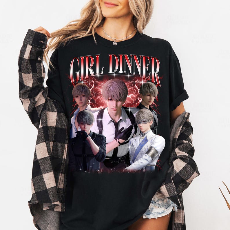 May include: Black t-shirt with a graphic print of five anime characters in a retro style. The text "GIRL DINNER" is printed in red and white above the characters.