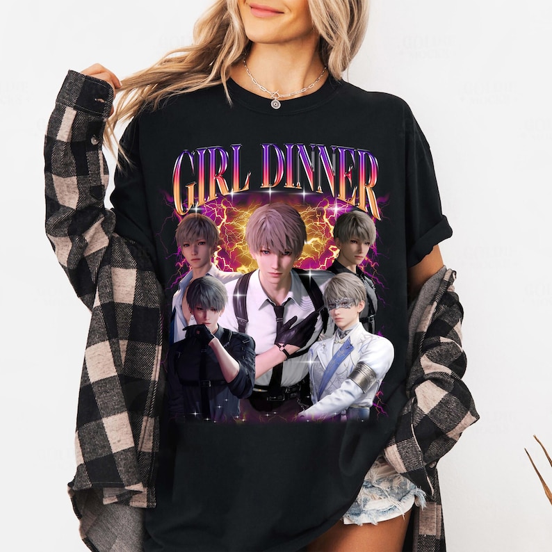 May include: Black t-shirt with a graphic print of five anime characters and the text "GIRL DINNER" in a retro style.