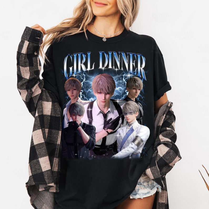 May include: Black t-shirt with a graphic print of five anime characters with the text "GIRL DINNER" in blue and silver letters.