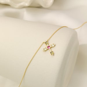 14K ゴールド 誕生石 クロスネックレス 女性用 • 母親へのパーソナライズされたクロスギフト • 誕生石ジュエリー • ファミリーネックレス • ゴールドネックレス