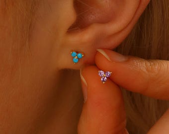 14k Solid Gold Birthstone Stud Earrings • Dainty Cartilage Gold Stud Earrings • Conch Earrings • Tiny Turquoise • Birthstone Tragus Stud