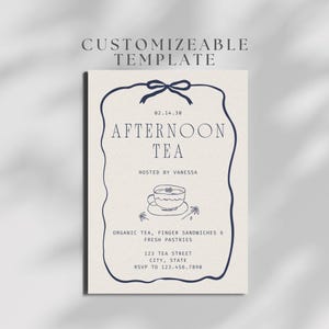 Customizable Elegant Afternoon Tea Invitation Template – Digital Download Design with Teacup & Bow Frame – Minimal Vintage Editable Invite