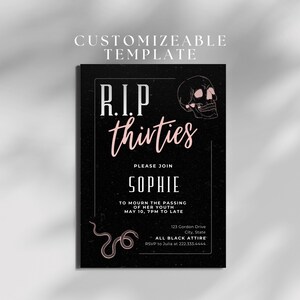 Modèle d'invitation numérique d'anniversaire des années 30 (30s) RIP | Motif serpent rose et tête de mort | police rétro vintage | Invitation à une fête d'anniversaire pour le 40e anniversaire