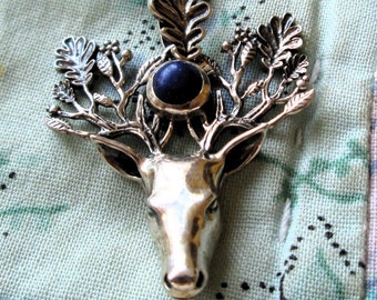 NECKLACE - Stunning - DEER Head - Antlers - Ornate  - LAPIS - 18 inch   - Sterling Silver - necklace abc