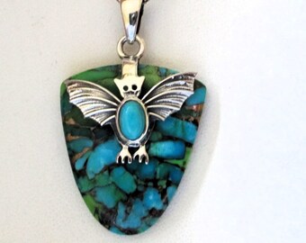 NECKLACE - Outstanding - TURQUOISE - Mohave Blue - Green - BAT - 925 -  Sterling Silver - Vintage - 18 inch chain  necklace 397