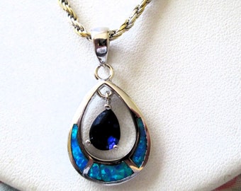 NECKLACE - Blue SAPPHIRE - Inlay OPAL  - Sterling Silver  - 18 in two tone rope - necklace 415