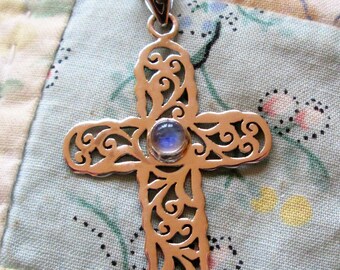 NECKLACE - Divine - MOONSTONE - CROSS  - Filigree   - Sterling Silver -  18  Inch  - Chain -  necklace233