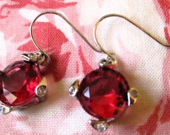 EARRINGS  - 2 Ct  Red RUBIES  - White TOPAZ -  French Hook - Sterling Silver  - 925 -Dangle earrings 313