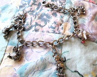 CHARM BRACELET - CAT - Darling 4 cats 1 mouse - 1950s. One is marked wells - Sterling Silver - 7 inch chain bracelet 444  -