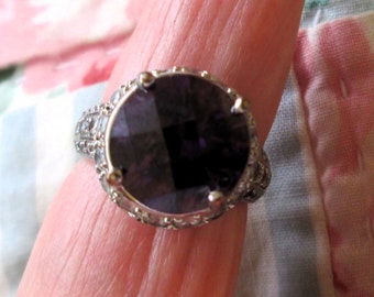 RING  - AMETHYST and White   CZs - Checkerboard - Estate sale - 925 - Sterling Silver - size 8 purple 384