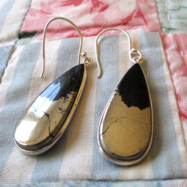 EARRINGS - PYRITE In Magnetite Healer's Gold   - Fish Hook - Dangle - Sterling Silver earrings 146