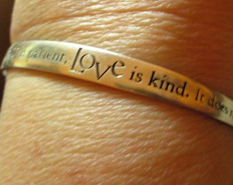 BRACELET - WORDS - Bangle  - I cor 13: 4-6-8 - Estate Sale - Sterling Silver - bracelet 390