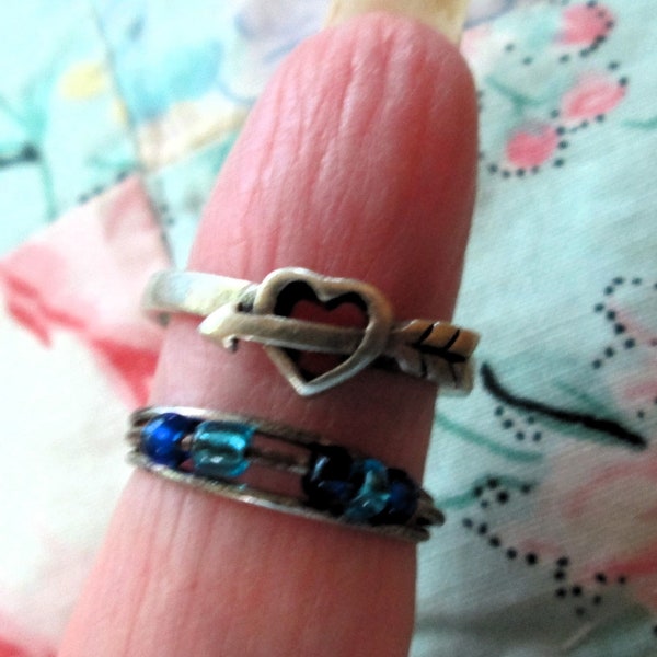 RING - TWO TOE Rings - one moveable Beads - one Heart and Arrow  - Knuckle  - Sterling Silver -  925 - Adjustable toe 19