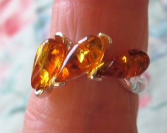 RING  - Darling - TRIPLE  -Baltic  AMBER  - 925 - Sterling Silver - Size 5  Brown 87