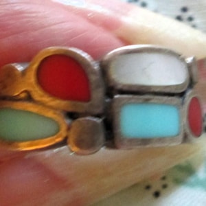 RING - Inlay TURQUOISE - CORAL  - Mother of Pearl  -  Estate Sale - Signed C W  - Sterling Silver - Size 6 Turquoise 88