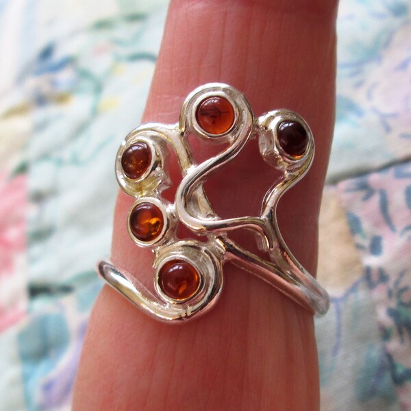 RING -  5 PIECES - Baltic  AMBER   - 925 - Sterling Silver - Size 9   Brown 56