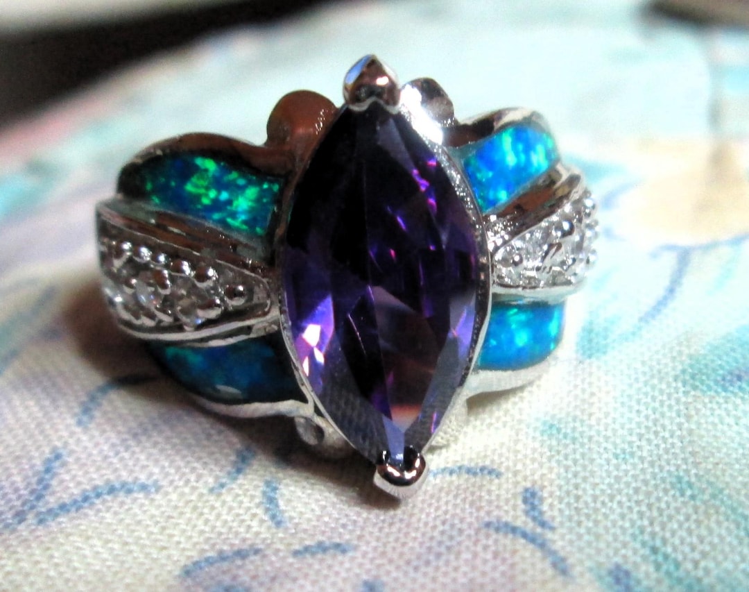 RING - 2 Ct AMETHYST - Inlay Australian Opals - White TOPAZ - 925 ...