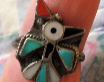 RING - ZUNI - THUNDERBIRD  - Mother of Pearl - Coral - Turquoise - Onyx -  Estate Sale  - Sterling Silver - Size 8 Turquoise 88