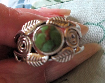 RING  - Copper Green MOHAVE - TURQUOISE  - Swirls - Leaves - 925 - Sterling Silver - Open back  size 10 turquoise362