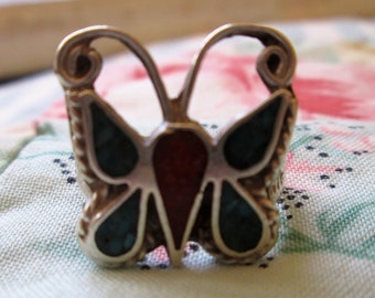 RING - Handmade - BUTTERFLY - TURQUOISE - Coral - Estate Sale - Sterling Silver  - size 5 turquoise177
